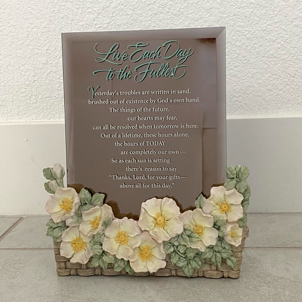 Vintage Bronzed Mirrored Plaque Inspirational Poem on Floral Porcelain Holder